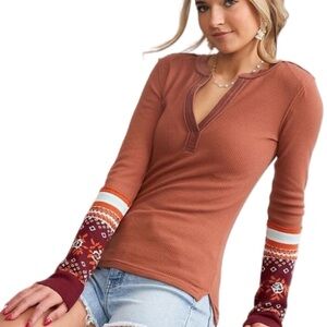 Free People Ski Lodge Black Thermal Henley Top With Patterned Cuffs Size XL NWT